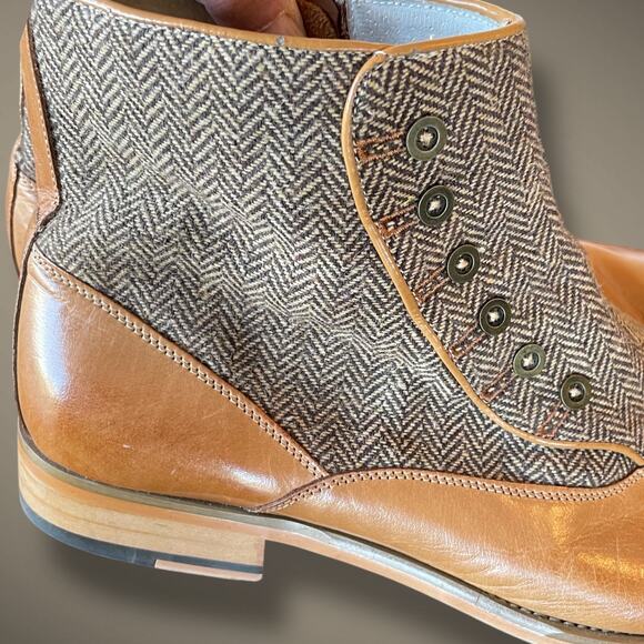 Men's Sz 11 GIOVANNI Edison Light Cognac Brown Leather Tweed Button Spat Boots - Picture 4 of 13